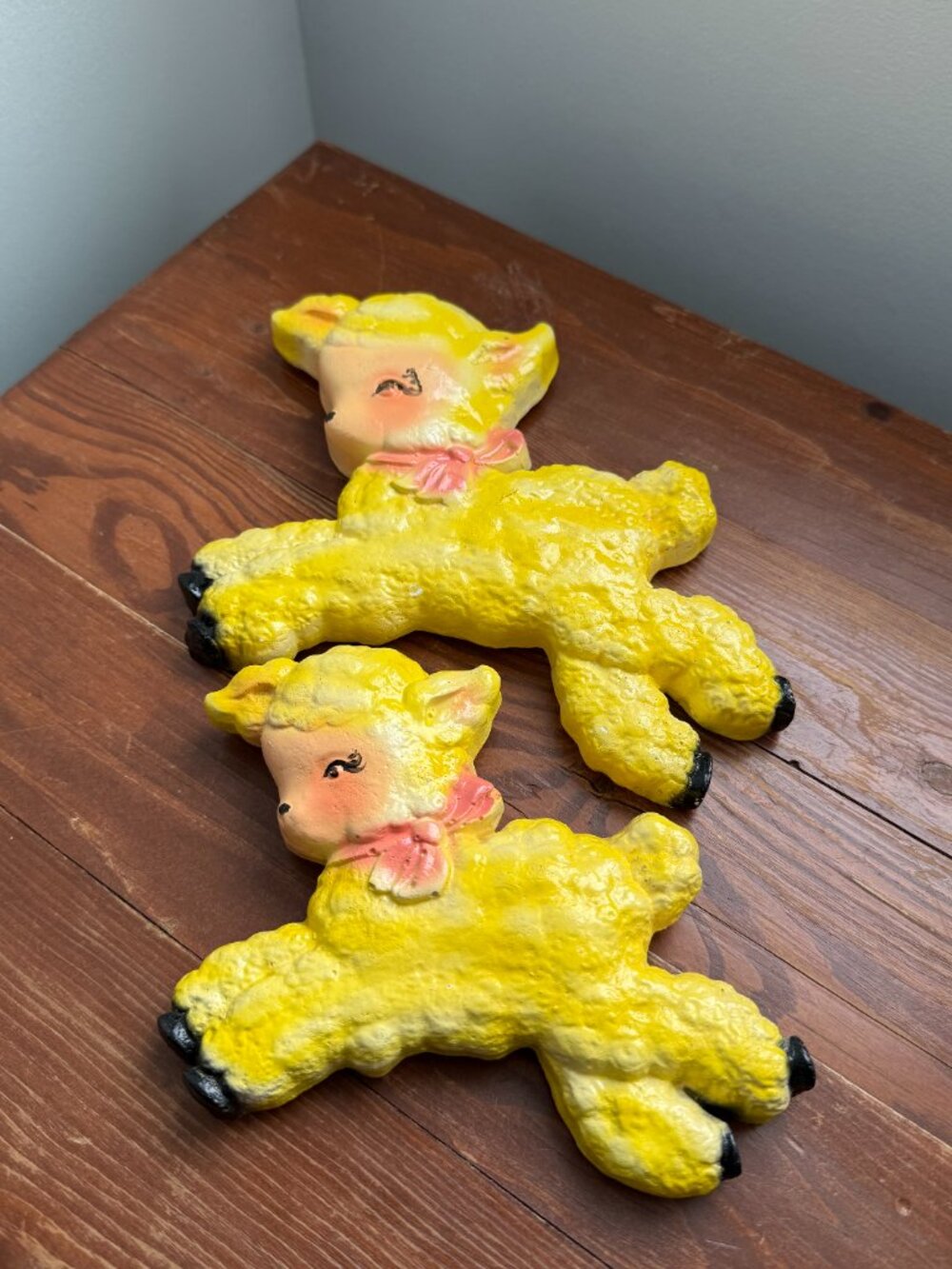 Set of 2 Chalkware Wall Hanging Yellow Pink Lambs Springtime Hand Painted Decor